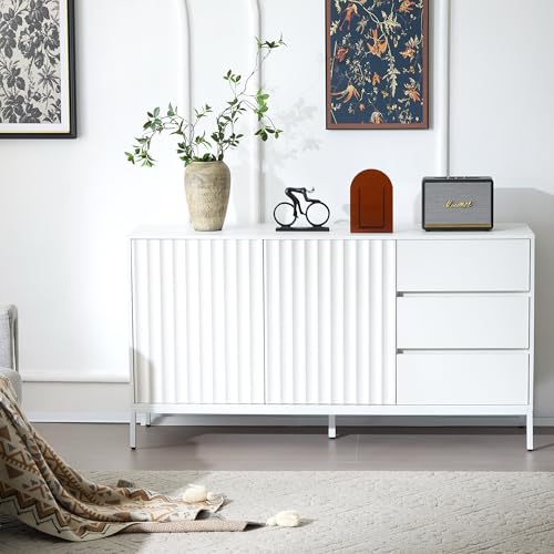 Elegantes Sideboard, Arbeitsplatte aus Marmor, goldene Zierleiste - Moderner Stauraumschrank mit Glas- und Holzfächern (Weiß A) von GigaXynium