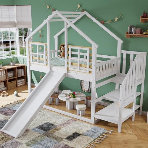 Etagenbett, Holzbett mit Treppe und Gitter, mit Rutsche und Fenster, Blockhaus Kinderbett mit Absturzsicherung, Bettrahmen aus Massivholz, Weiß, 90x200 cm Etagenbett, Holzbett mit Treppe und Gitter, mit Rutsche und Fenster, Blockhaus Kinderbett mit Absturzsicherung, Bettrahmen aus Massivholz, Weiß, 90x200 cm von GigaXynium