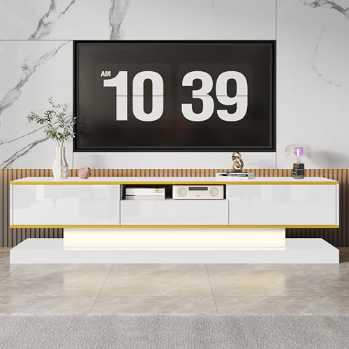 GigaXynium 180cm Hochglanz TV Schrank mit 3 Schubladen, Moderner TV Board mit Stauraum, Fernsehschrank mit Offenen Fach, Fernseher Schrank mit Farbwechselnden LED-Leuchten für Wohnzimmer (Weiß) von GigaXynium