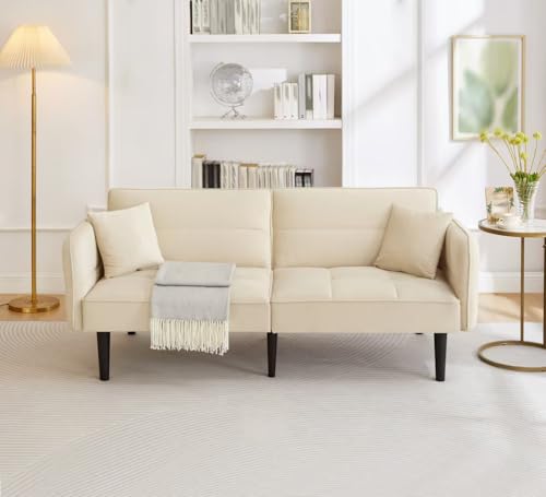 GigaXynium 2-in-1 Verstellbares Schlafsofa, Zweisitzer mit Samtbezug, klappbaren Armlehnen & Schlaffunktion (Beige) von GigaXynium