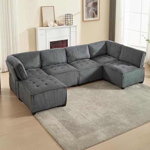 GigaXynium 308cm Langes Sofa Modulares 6-Sitzer-Sofa, ergonomisch, Stauraumtaschen, flexibel kombinierbar als U-Form/L-Form/Schlafsofa (Grau) von GigaXynium