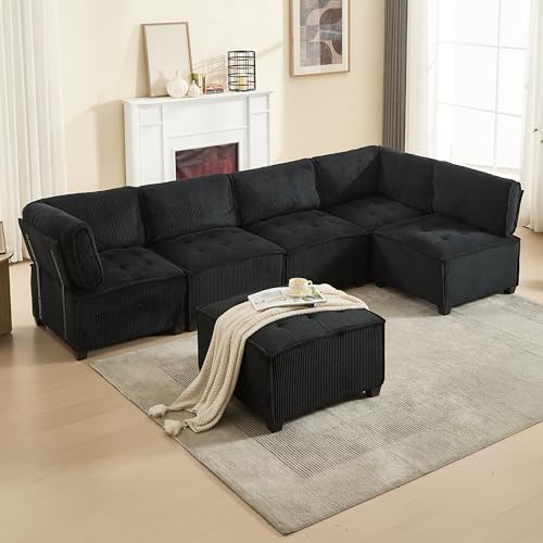 GigaXynium 308cm Langes Sofa Modulares 6-Sitzer-Sofa, ergonomisch, Stauraumtaschen, flexibel kombinierbar als U-Form/L-Form/Schlafsofa (Schwarz) von GigaXynium