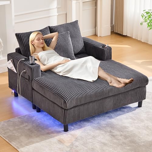 GigaXynium Chaiselongue-Liegesessel mit seitlichen Getränkehaltern, USB-Anschlüssen, integrierter LED-Ambiente-Beleuchtung – perfekt für Wohnzimmer, Schlafzimmer oder Wintergarten (Grau) von GigaXynium