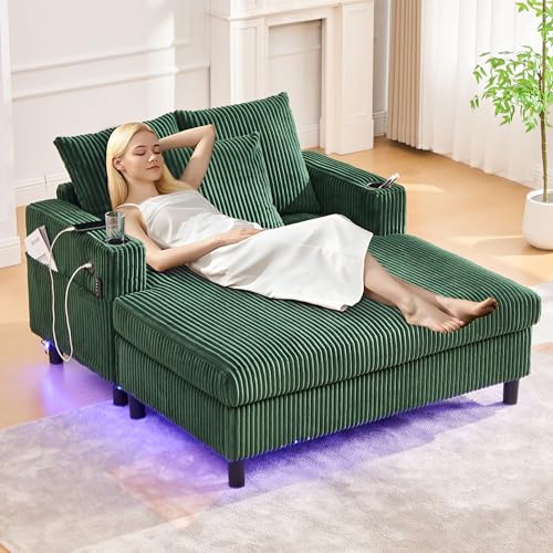 GigaXynium Chaiselongue-Liegesessel mit seitlichen Getränkehaltern, USB-Anschlüssen, integrierter LED-Ambiente-Beleuchtung – perfekt für Wohnzimmer, Schlafzimmer oder Wintergarten (Grün) von GigaXynium