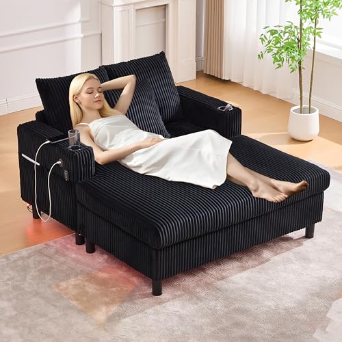 GigaXynium Chaiselongue-Liegesessel mit seitlichen Getränkehaltern, USB-Anschlüssen, integrierter LED-Ambiente-Beleuchtung – perfekt für Wohnzimmer, Schlafzimmer oder Wintergarten (Schwarz) von GigaXynium