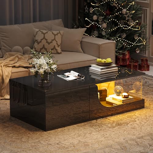 GigaXynium Couchtisch, Hochglanz Sofatisch, Kaffeetisch mit LED-Licht, Beistelltisch mit 2 Schubladen, Wohnzimmertisch mit Schubladen, Glasplatte (Schwarz, 100X50X30cm) von GigaXynium