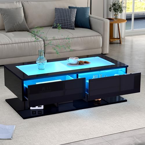 GigaXynium Couchtisch, Hochglanz Sofatisch, Kaffeetisch mit LED-Licht, Beistelltisch mit 2 Schubladen, Wohnzimmertisch mit Schubladen, Glasplatte (Schwarz,100X50X35cm) von GigaXynium