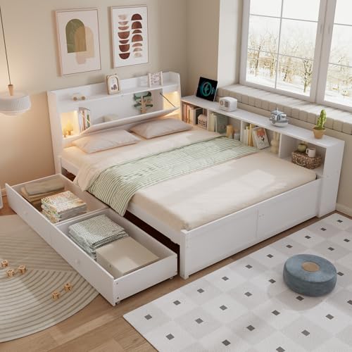 GigaXynium Doppelbett, Paneelbett, Kopfteil mit Ablagefach + 2 Leuchten, mit Ladebuchse, seitlichen Stauschränken und Schubladen, Kiefer+Spanplatte+MDF (140x200cm) von GigaXynium