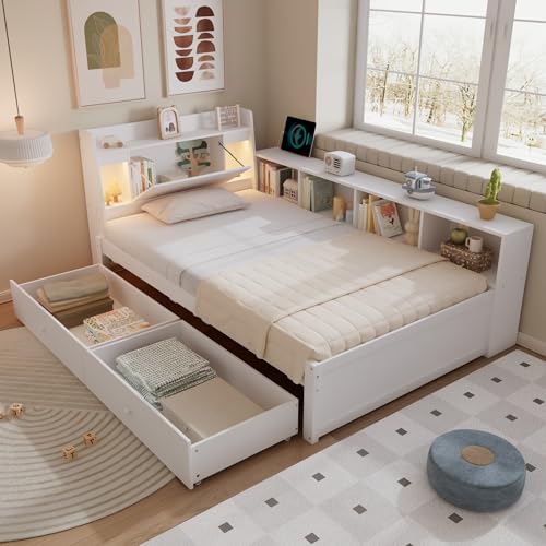 GigaXynium Doppelbett, Paneelbett, Kopfteil mit Ablagefach + 2 Leuchten, mit Ladebuchse, seitlichen Stauschränken und Schubladen, Kiefer+Spanplatte+MDF (90x200cm) von GigaXynium