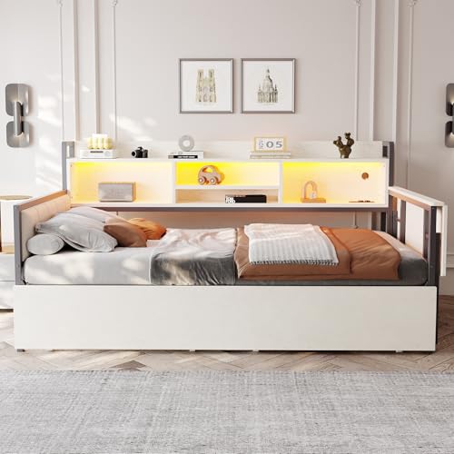 GigaXynium Eisen Sofabett 90 x 200 cm, mit LED-Beleuchtung und Stauraum, mit Schubladen und multifunktionaler Steckdose, ausklappbarem Schreibtisch (Weiß) von GigaXynium