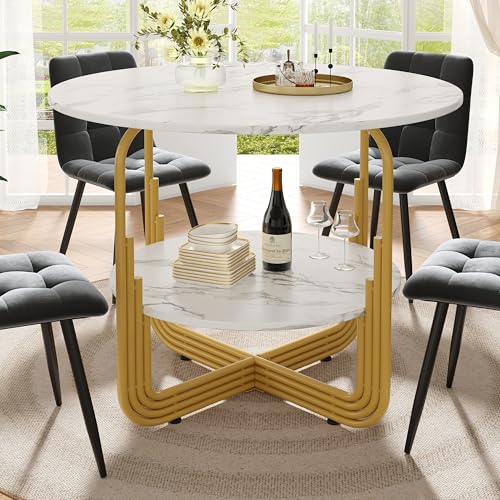 GigaXynium Esstisch, Küchen-Esstisch, runder Couchtisch für 4 Personen, geeignet für Esszimmer, Wohnzimmer, stilvolle Tischbeine aus Metall, Tischplatte aus MDF-Marmor (Gold B) von GigaXynium