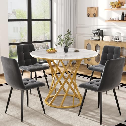 GigaXynium Esstisch-Set, Esstisch-Set mit 4 Stühlen, Küchentisch-Set, runder Küchentisch mit 80 cm Durchmesser und Metallbeinen, MDF-Tischplatte, dunkelgraue Samt-Esszimmerstüh (Goldene Beine B) von GigaXynium