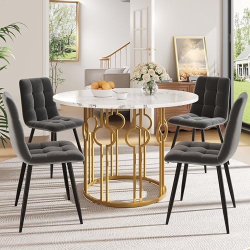 GigaXynium Esstisch-Set mit 4 Stühlen, Küchentisch-Set, runder Esstisch mit 100 cm Durchmesser und goldenen Metallbeinen, weiße MDF-Tischplatte, Esszimmerstühle aus Samt (Dunkelgrau) von GigaXynium