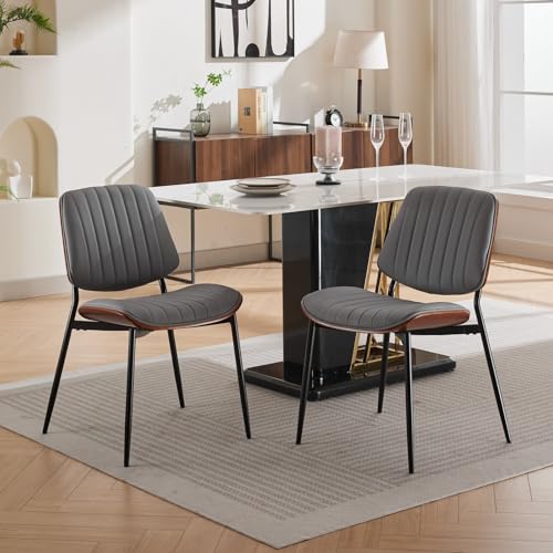GigaXynium Esszimmerstuhl-Set, Mid Century Modern Retro Kunstlederstuhl mit Rückenlehne aus gebogenem Walnussholz, gepolstertem Sitz, Metallbeinen und verstellbaren Füßen, 2er Set (Grau) von GigaXynium