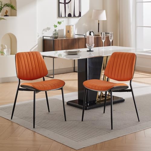 GigaXynium Esszimmerstuhl-Set, Mid Century Modern Retro Kunstlederstuhl mit Rückenlehne aus gebogenem Walnussholz, gepolstertem Sitz, Metallbeinen und verstellbaren Füßen, 2er Set (Orange) von GigaXynium