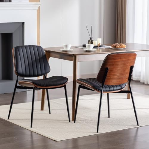 GigaXynium Esszimmerstuhl-Set, Mid Century Modern Retro Kunstlederstuhl mit Rückenlehne aus gebogenem Walnussholz, gepolstertem Sitz, Metallbeinen und verstellbaren Füßen, 2er Set (Schwarz) von GigaXynium
