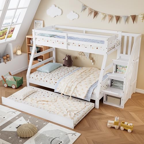 GigaXynium Etagenbett mit Rollbett, Kinderbett mit Leiterschrank und Handlauf, mit Fallschutzgitter an Allen Seiten, 90x190CM Rollbett, 90/120x200CM von GigaXynium