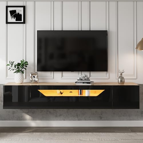 GigaXynium Fernsehschrank mit 3 Staufächern Lowboard, Hängeboard schwebend, Hochglanz-TV-Schrank mit Licht, Fernsehtisch, wandmontierbar, Passend für 75-Zoll-Fernseher von GigaXynium