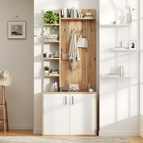 GigaXynium Garderoben-Set mit Spiegel, Flurschrank, Hängeschrankregal, Kompaktgarderobe, Mit 2 unteren Klapptüren-Schuhschränken+2 Aufbewahrungsschränke (Holzfarbe+Weiß, 75X33X180cm) von GigaXynium