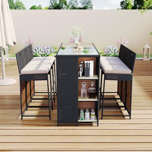 GigaXynium Garten-Lounge-Set, 7-teiliges Gartenbar-Set mit Kissen, Ablagefläche, Tischplatte aus gehärtetem Glas, Polyrattan von GigaXynium