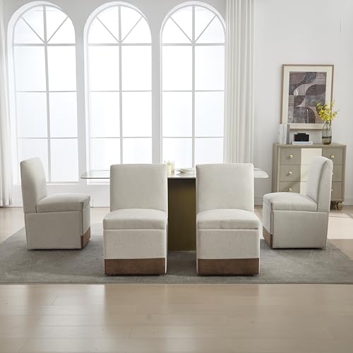 GigaXynium Gepolsterte Esszimmerstühle 2er Set Drehbare Esszimmerstühle Küchenstühle Rollen & Lagerung Bequemer Moderner Rollsessel Weiß für Wohnzimmer Armloser Stuhl aus Stoff (Beige) von GigaXynium