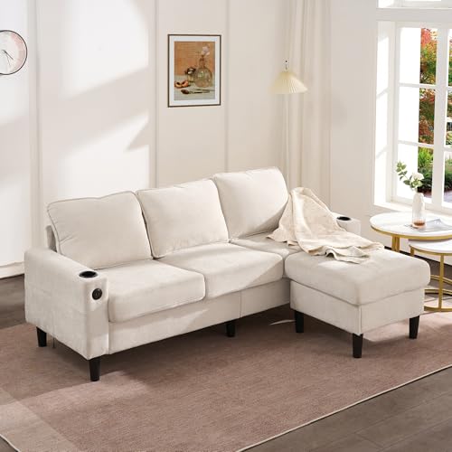 GigaXynium Gepolstertes Sofa und Couch mit USB- und Typ-C-Anschlüssen, 3-Sitzer-Sofa mit Zwei Getränkehaltern, L-förmiges Schlafsofa (Beige) von GigaXynium