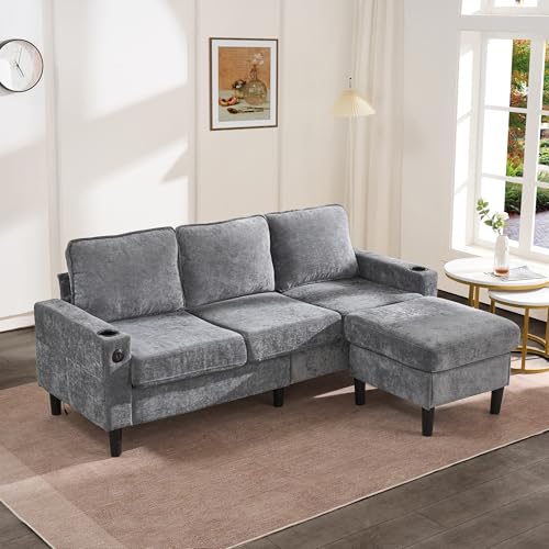 GigaXynium Gepolstertes Sofa und Couch mit USB- und Typ-C-Anschlüssen, 3-Sitzer-Sofa mit Zwei Getränkehaltern, L-förmiges Schlafsofa (Grau) von GigaXynium
