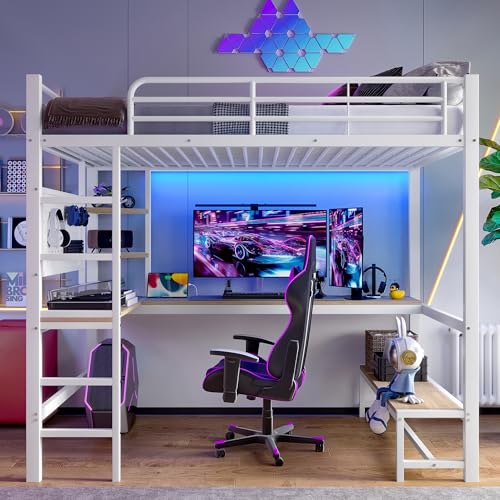 GigaXynium Hochbett, Eisenrahmen, Schreibtisch, Geländer, Trittleiter, mehrere Ablagen, mit USB+Type-c Steckdose, mit Leiste, mit Lochbrett, ohne Matratze (Weiß, 90 x 200cm) von GigaXynium