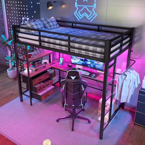GigaXynium Hochbett Mit Leuchten, Schreibtisch, Steckdose + USB, 3 Schubladen, Regale, Geländer, Treppe, ohne Matratze (Schwarz, 90 x 200cm) von GigaXynium