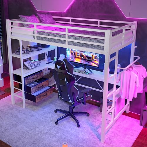 GigaXynium Hochbett Mit Leuchten, Schreibtisch, Steckdose + USB, 3 Schubladen, Regale, Geländer, Treppe, ohne Matratze (Weiß, 90 x 200cm) von GigaXynium