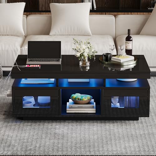 GigaXynium Hochglanz-Couchtisch, mit per mobiler App steuerbaren Leuchten, Wohnzimmertisch mit Schrank, Sofatisch mit Ladeanschluss und Steckdose,100×50×43cm (Schwarz) von GigaXynium