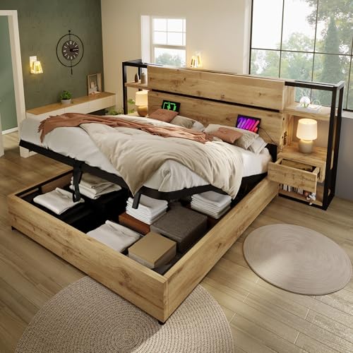 GigaXynium Holzbett Doppelbett, Hydraulisches Stauraumbett, Stauraum-Kopfteil mit Schubladen und USB &Type-C Ladeanschluss, Bettrahmen mit Holzlatten, Eichenfarbe (180×200cm, Ohne Matratze) von GigaXynium