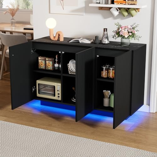 GigaXynium Kommode Modern Design Sideboard mit Beleuchtung Marmor Optik Smart Wohnzimmerschrank Bluetooth Steuerung Vertikale Streifen Anrichte von GigaXynium