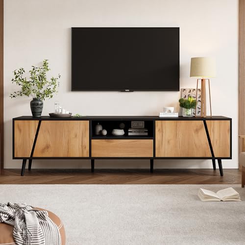 GigaXynium Lowboard TV Board, TV-Schrank mit Schubladen und 2 Schränken, Moderne minimalistische TV-Konsole mit 6 Stützbeinen aus Massivholz, Passend für 75-Zoll-Wohnzimmerschränke von GigaXynium
