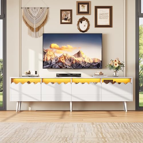 GigaXynium Lowboard mit 6 Stützbeinen, TV-Ständer mit 2 Schubladen und 2 Schränken, Fernsehschrank, Wohnzimmermöbel, TV-Board, passend für TV-Ständer bis zu 75 Zoll (Weiß) von GigaXynium