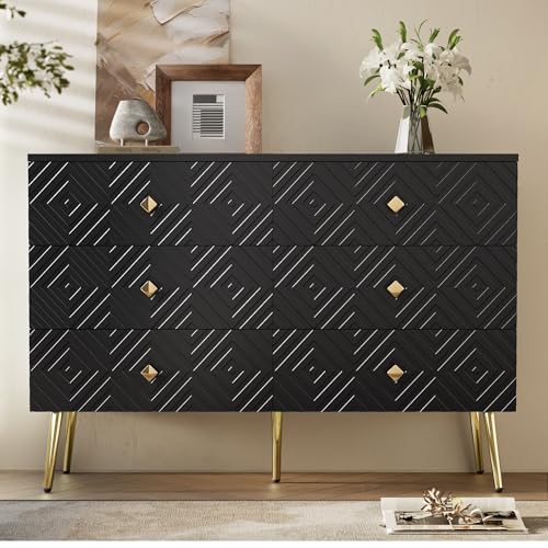 GigaXynium Moderner 6-Schubladen-Kommode – 120x40x80cm – Elegantes Weiß mit Gold – Perfekt für Schlafzimmer & Wohnzimmer (Schwarz) von GigaXynium