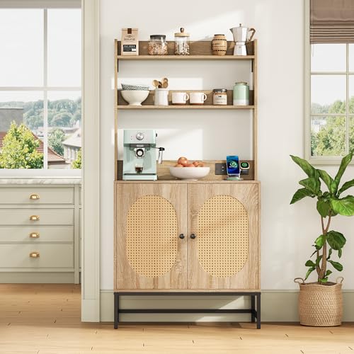 GigaXynium Moderner Buffet-Schrank mit Eichenholzdekor, Rattan-Doppeltür mit Stauraum, Mit USB&220V Steckdose, Offene Ablagen, Kippschutz von GigaXynium