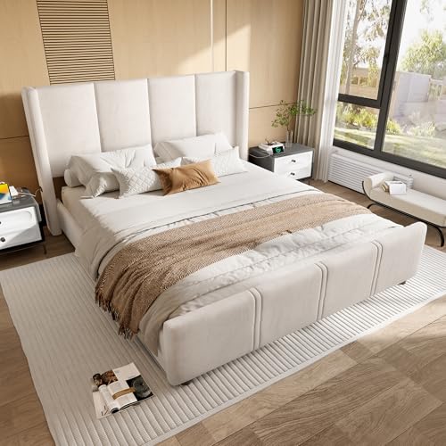 GigaXynium Moderner Polsterbettrahmen, hohes Kopf- und Fußteil, zertifizierter USB-Anschluss, Kombination aus Eisenrahmen und Holzplatte, stabil und langlebig (Beige, 160 x 200 cm) von GigaXynium