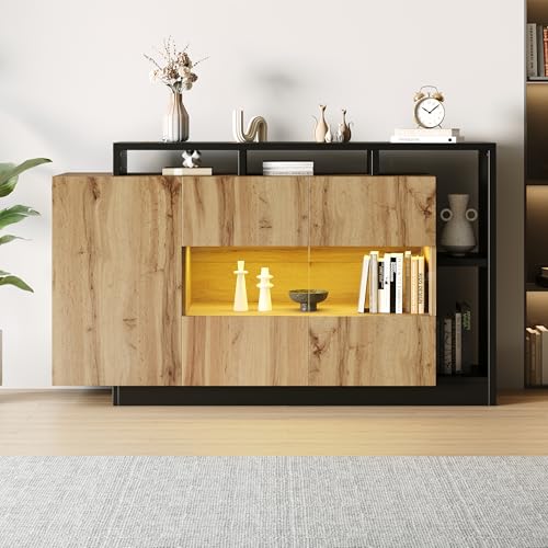 GigaXynium Modernes Sideboard, Glas-Esszimmerschrank in Original Holzfarbe MDF, Esszimmerschrank für Wohnzimmer mit Bluetooth Steuerung von GigaXynium