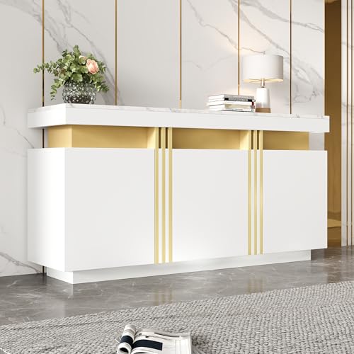 GigaXynium Modernes Sideboard-Display, 3 Türen, Esszimmerschrank mit verstellbaren Trennwänden, perfekt für Küche, Wohnzimmer, Esszimmer, Flur, breite grifflose Schließfächer (Weiß) von GigaXynium
