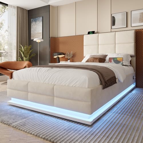 GigaXynium Modernes Velours-Polsterbett mit höhenverstellbarem Kopfteil, USB/Type-C-Anschlüssen, LED-Ambientebeleuchtung, hydraulischem Lift-System & Stauraum (Beige, 90x200 cm) von GigaXynium