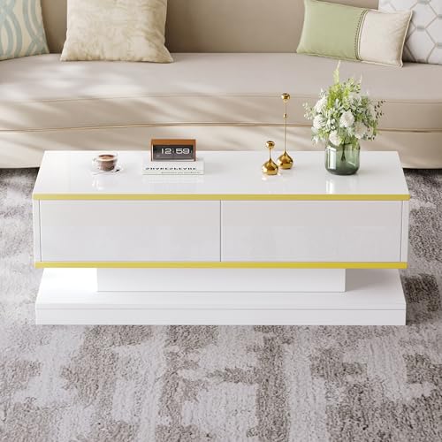 GigaXynium Modernes weißes Hochglanz-TV-Ständer- und Couchtisch-Set, TV-Konsole mit 3 Schubladen, Kaffetisch mit 2 Schubladen für das Wohnzimmer (Weißes Couchtisch) von GigaXynium