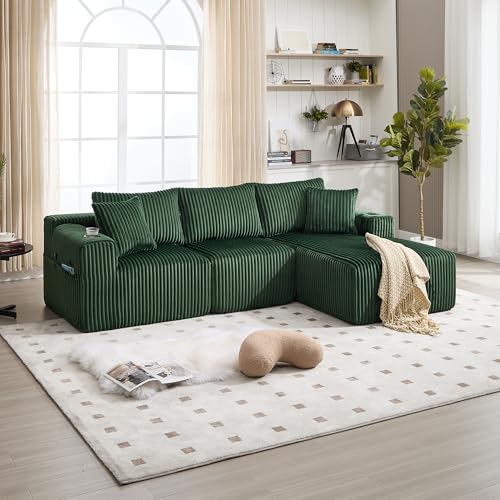 GigaXynium Modulares Sofa Set mit Chaiselongue & 2-Sitzer, mit 5 Kissen, seitliche Taschen & Getränkehalter, DIY-Kombination, Ideal für Wohnzimmer, Apartment & Studio (Grün) von GigaXynium