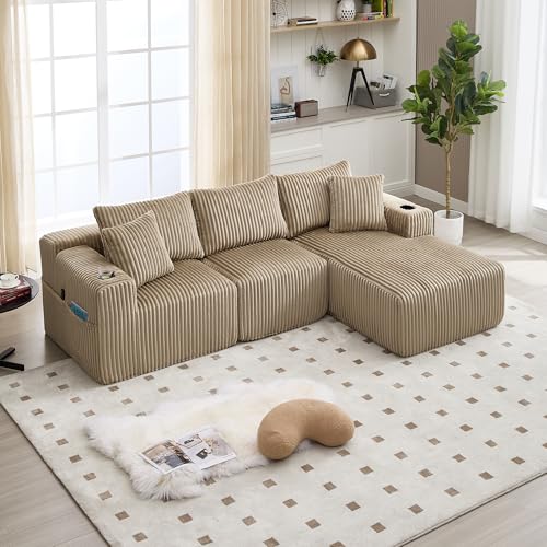 GigaXynium Modulares Sofa Set mit Chaiselongue & 2-Sitzer, mit 5 Kissen, seitliche Taschen & Getränkehalter, DIY-Kombination, Ideal für Wohnzimmer, Apartment & Studio (Khaki) von GigaXynium