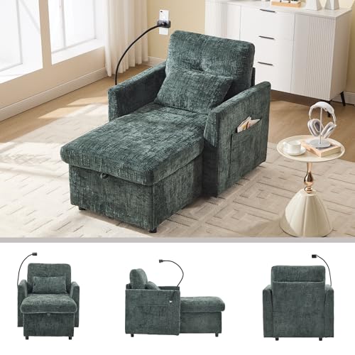 GigaXynium Multifunktionales Faulenzersofa verstaubare Rückenlehne mit Handyhalterung Chenille Einzelner Freizeitstuhl für Wohnzimmer Schlafzimmer Kleiner Haushalt (Emerald) von GigaXynium