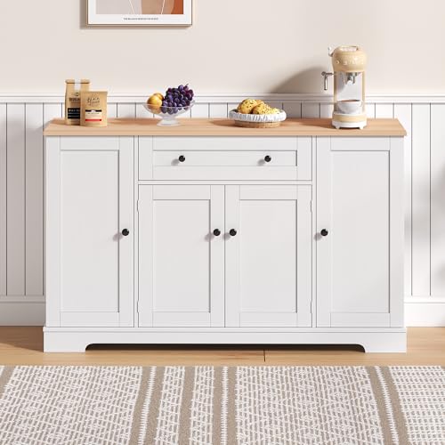 GigaXynium Multifunktionales Küchenbuffet – 138 cm Sideboard mit Schublade, Regaltüren & verstellbaren Einlegeböden – Modernes Design mit Kippschutz (Weiß + Natürlich) von GigaXynium