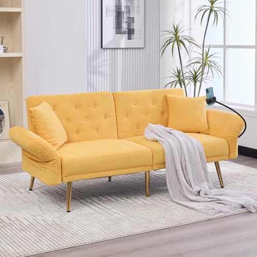 GigaXynium Multifunktionales Sofa-Bett für Zwei Personen mit Verstellbarer Rückenlehne, Zwei USB-Anschlüsse, Handyhalter, Klappsofa als Sitzmöbel oder Gästebett (Gelb) von GigaXynium