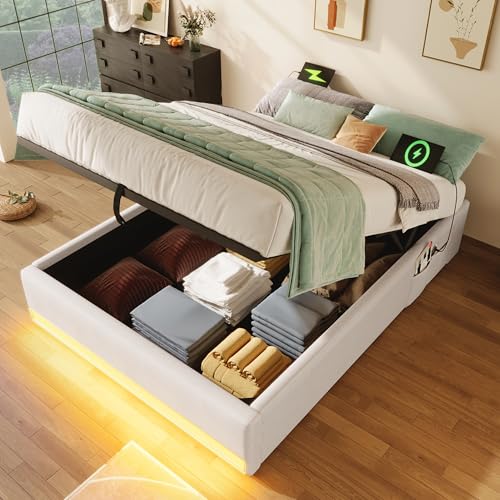 GigaXynium Polsterbett, Fernbedienbare LED-Leiste,Mit USB und Typ-C, Mit kleinen Aufbewahrungstaschen, Kein Kopfteil-Design, Hydraulische Speicherfunktion, Keine Matratze (Beige, 90X200cm) von GigaXynium