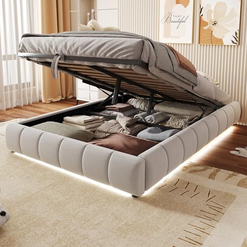 GigaXynium Polsterbett, mit LED-Lichtleiste (einfarbig), Hydraulischer Schwebebettrahmen mit Stauraum,Einzelbett, Jugendbett (Beige, 140 x 200 cm) von GigaXynium