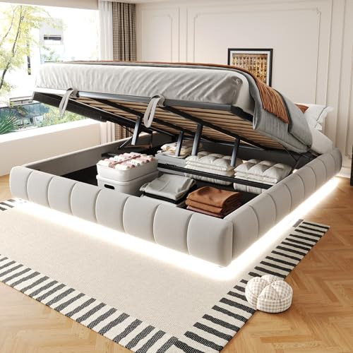 GigaXynium Polsterbett, mit LED-Lichtleiste (einfarbig), Hydraulischer Schwebebettrahmen mit Stauraum,Einzelbett, Jugendbett (Beige, 180 x 200 cm) von GigaXynium